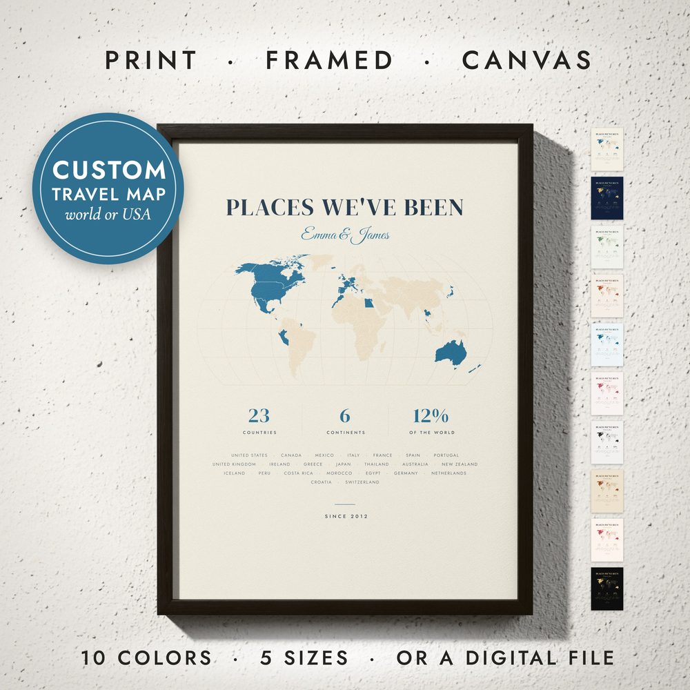 Places We've Been Map: framed print on a wall