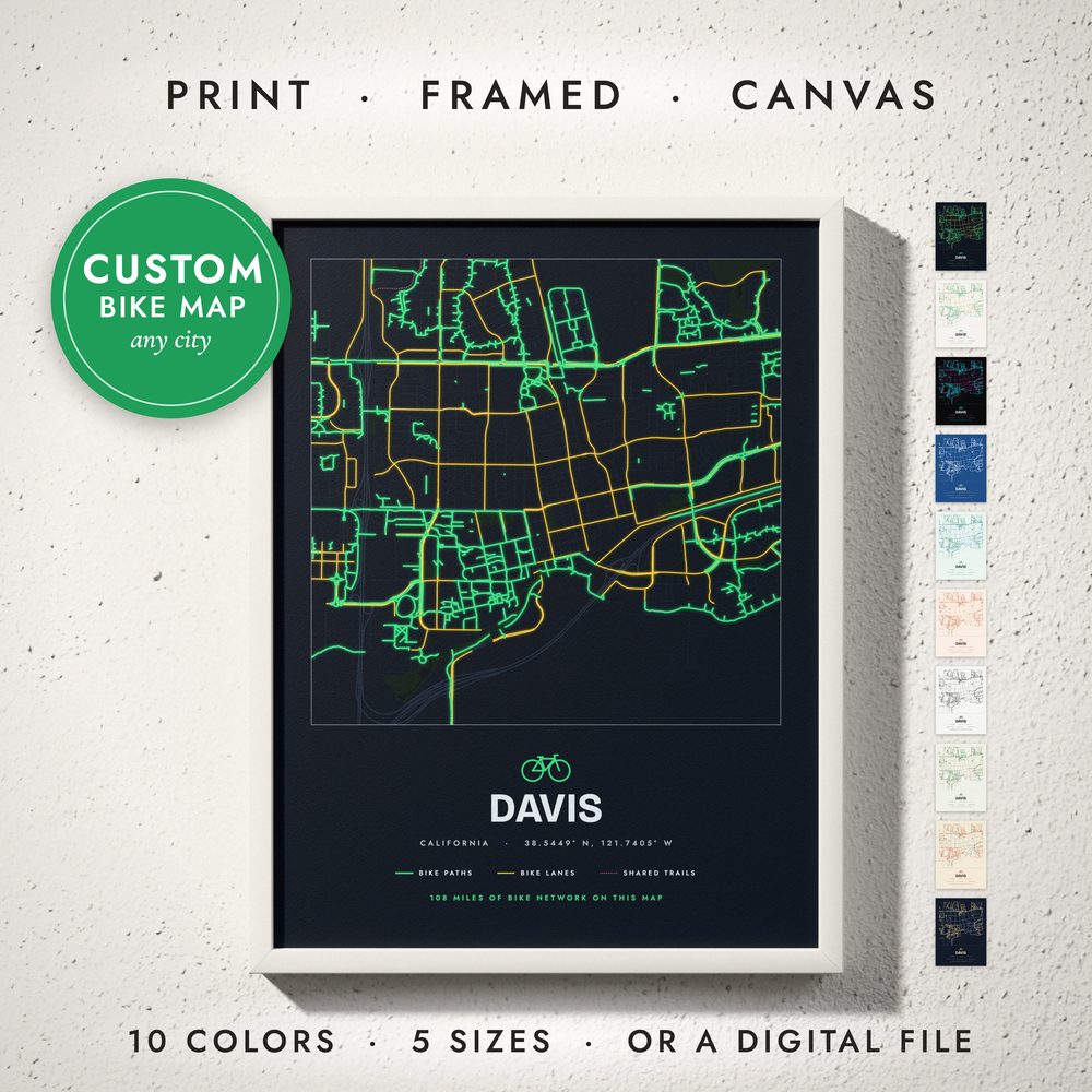 Bike City Map: framed print on a wall