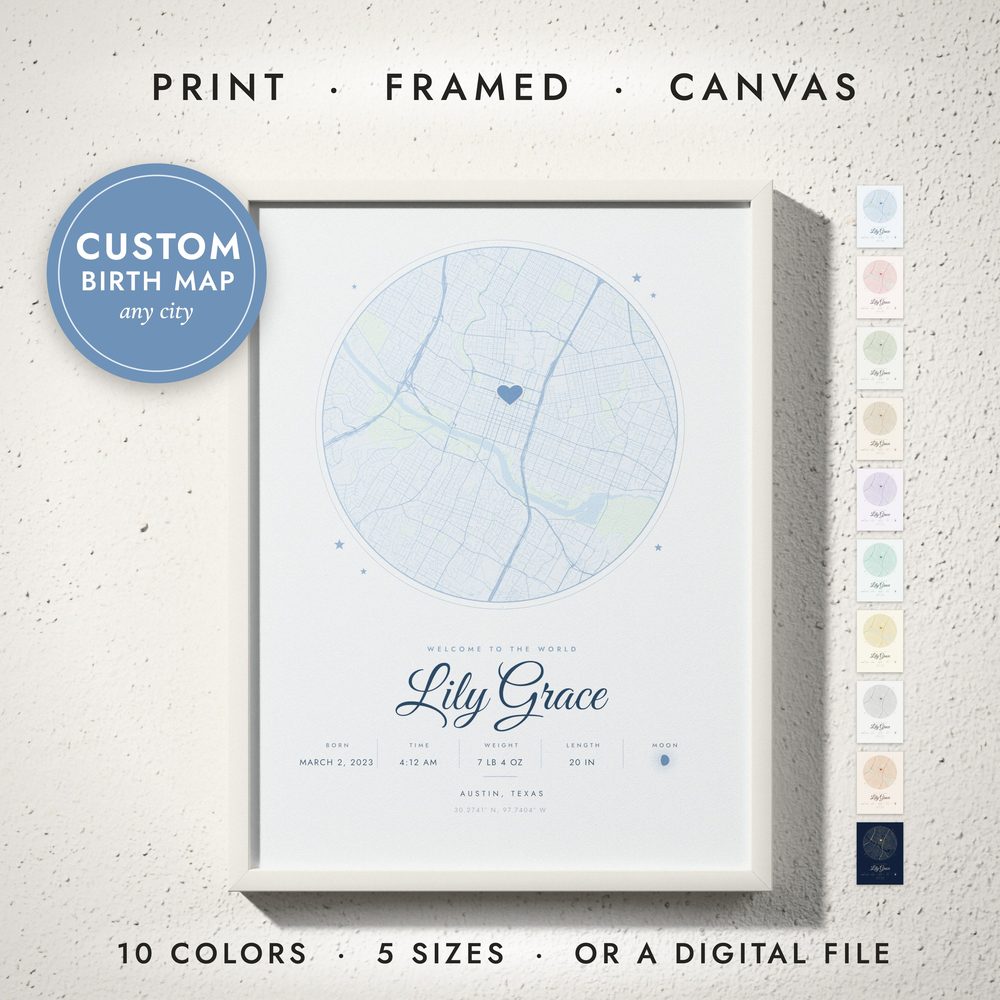 Birth Map: framed print on a wall