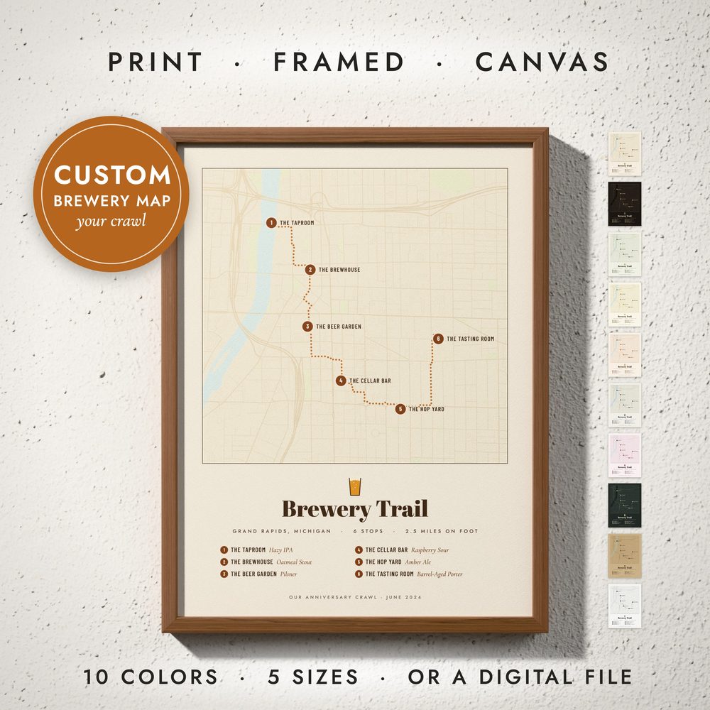 Brewery Trail Map: framed print on a wall