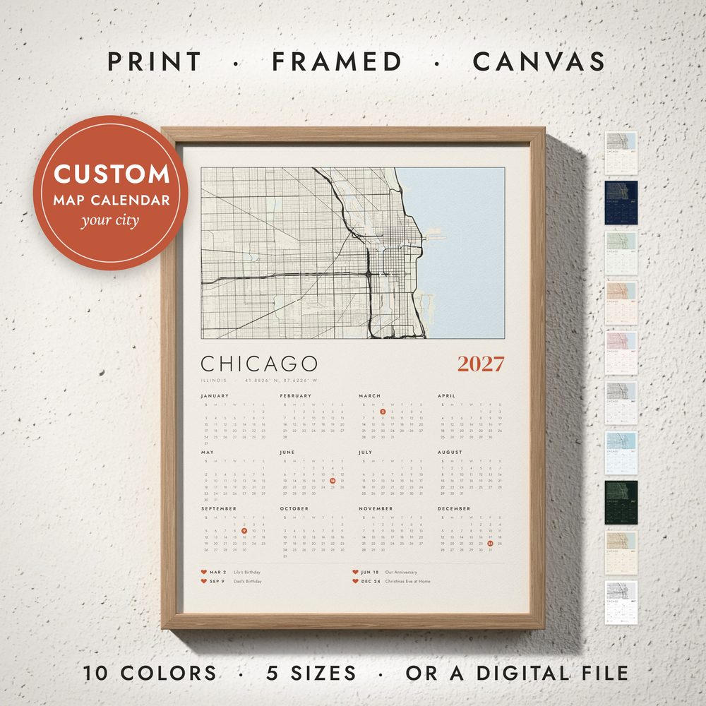 Map Calendar 2027: framed print on a wall