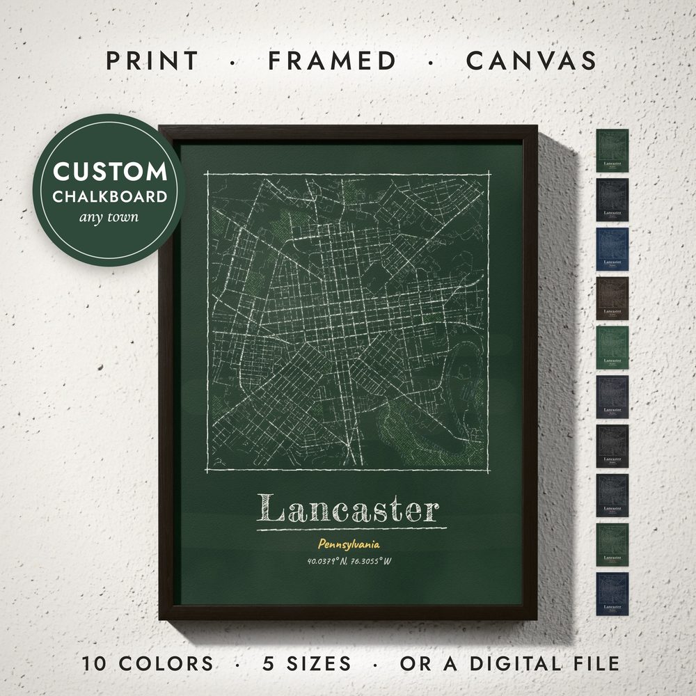 Chalkboard City Map: framed print on a wall