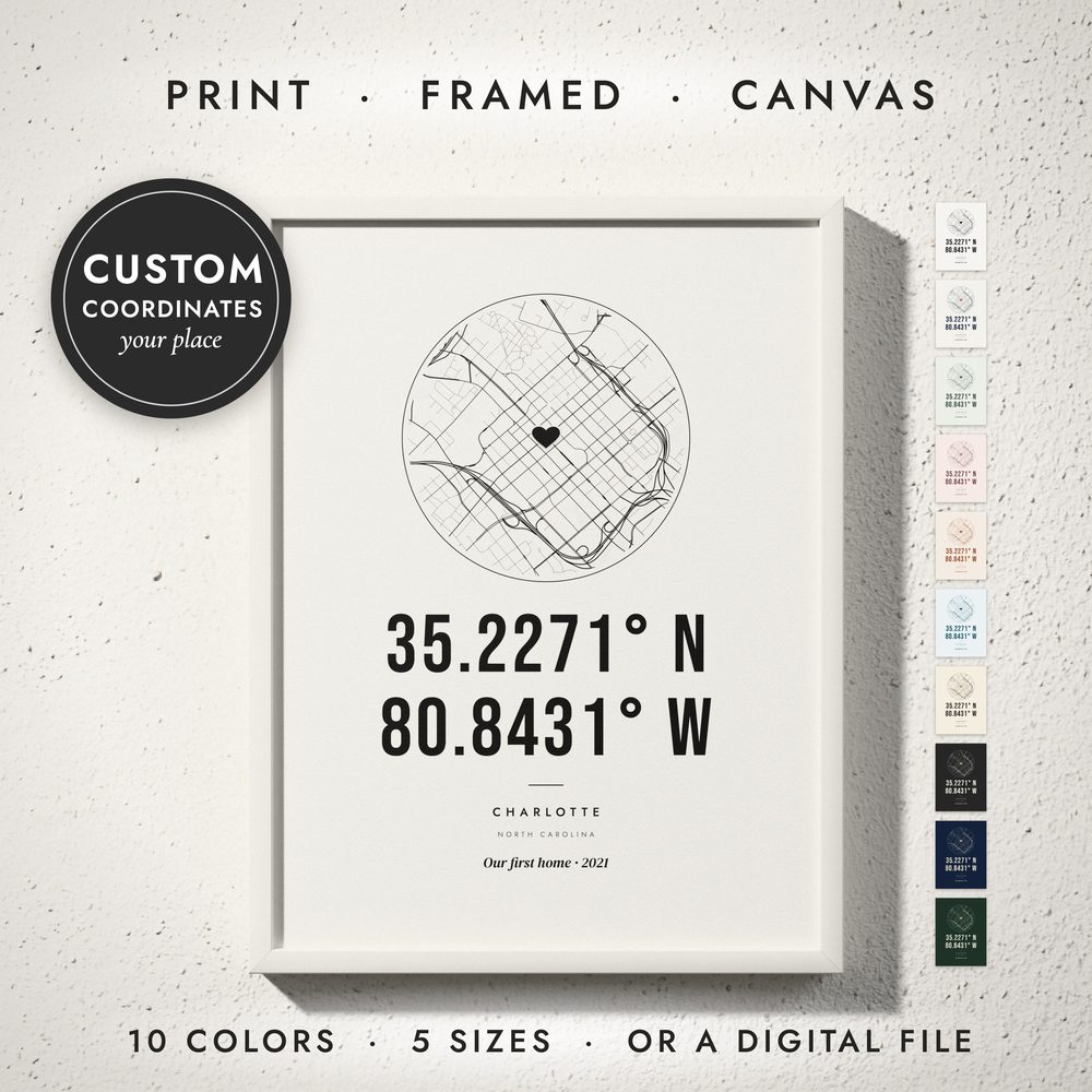 Coordinates Print: framed print on a wall