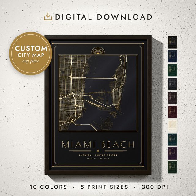 Art Deco City Map: framed print on a wall