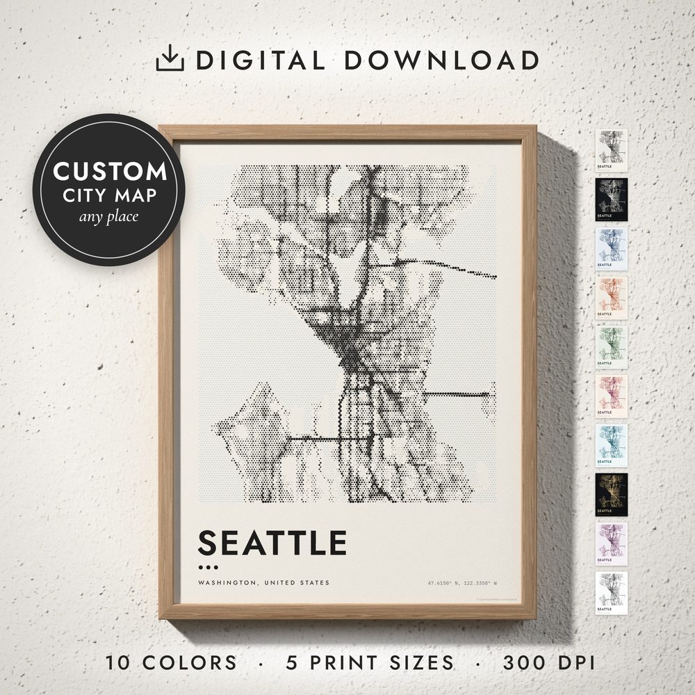 Halftone City Map: framed print on a wall