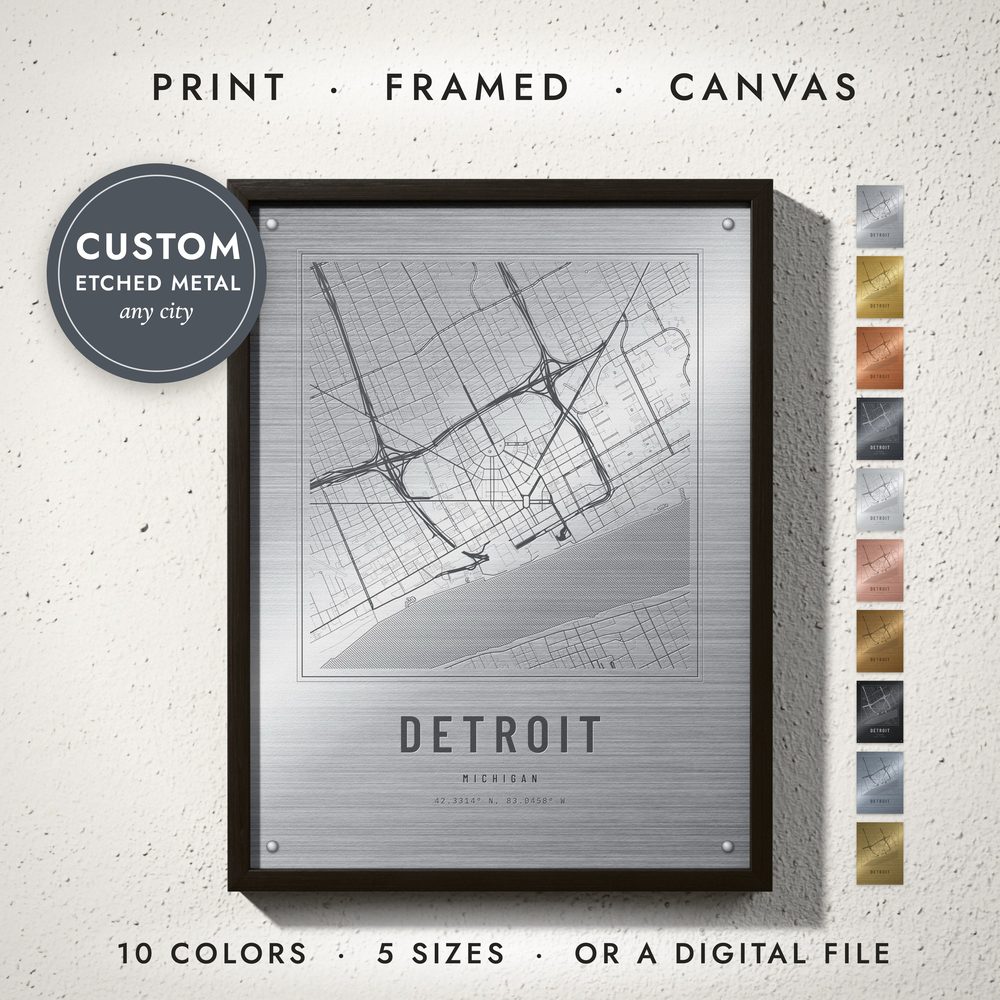 Etched Metal City Map: framed print on a wall