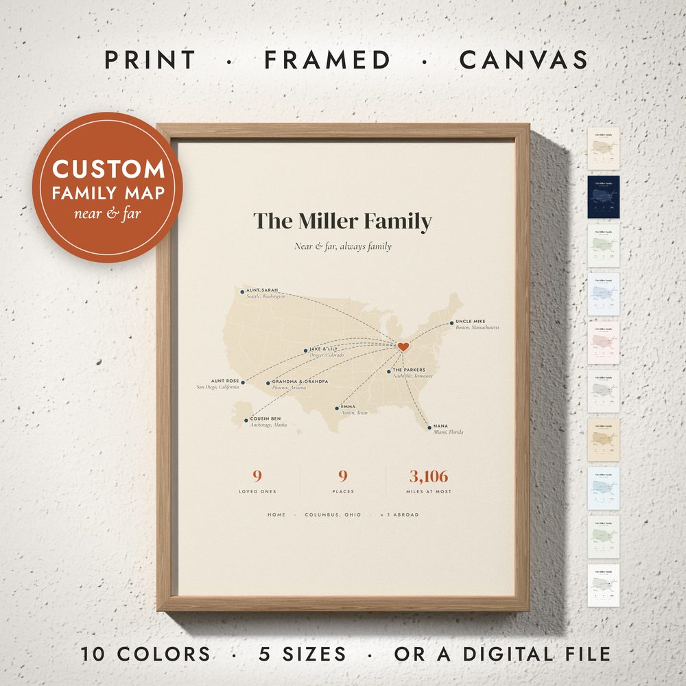 Family Near & Far Map: framed print on a wall