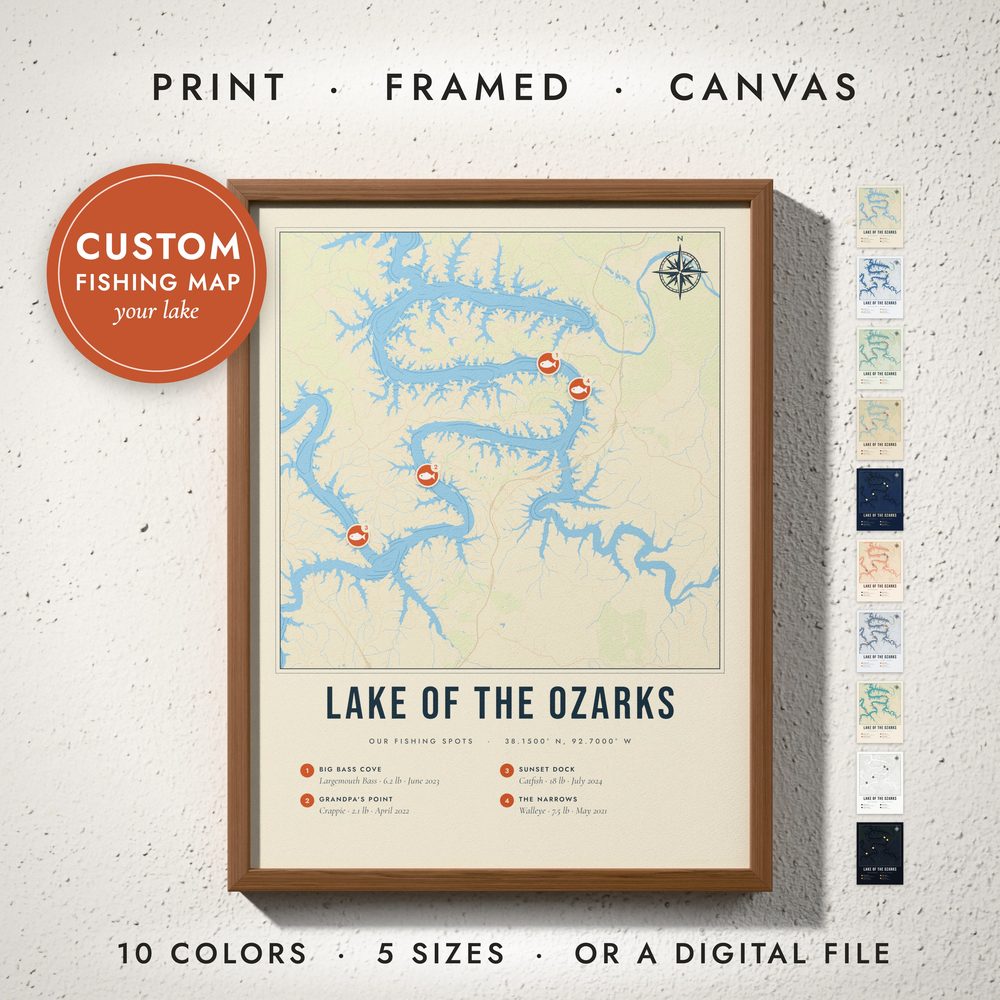 Fishing Lake Map: framed print on a wall