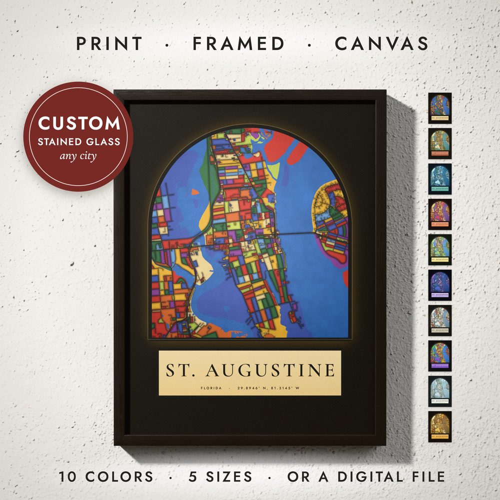 Stained Glass City Map: framed print on a wall