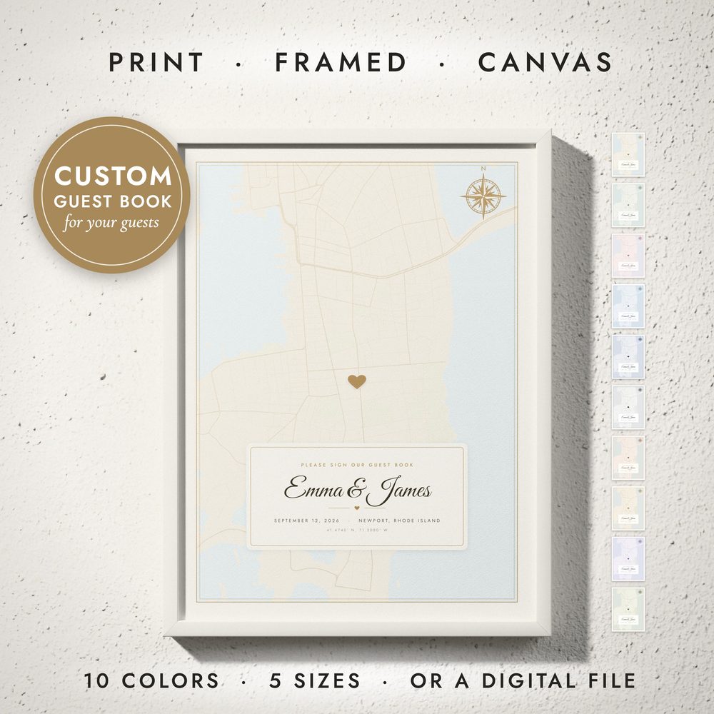Guest Book Map: framed print on a wall