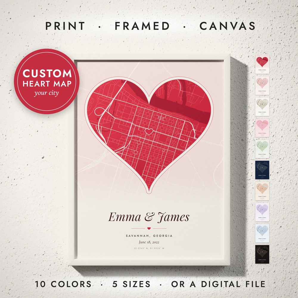 Heart Shape City Map: framed print on a wall