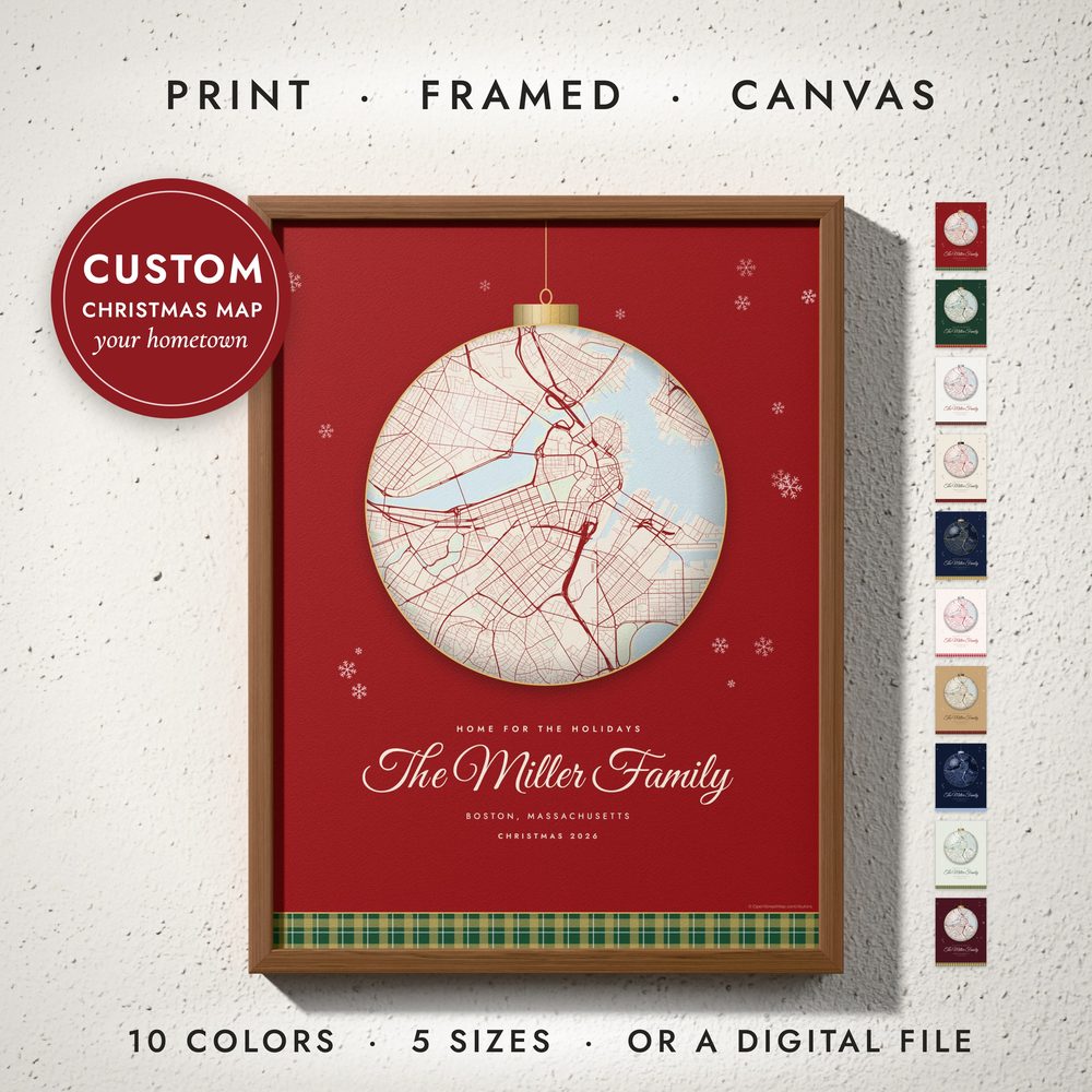 Christmas Hometown Map: framed print on a wall