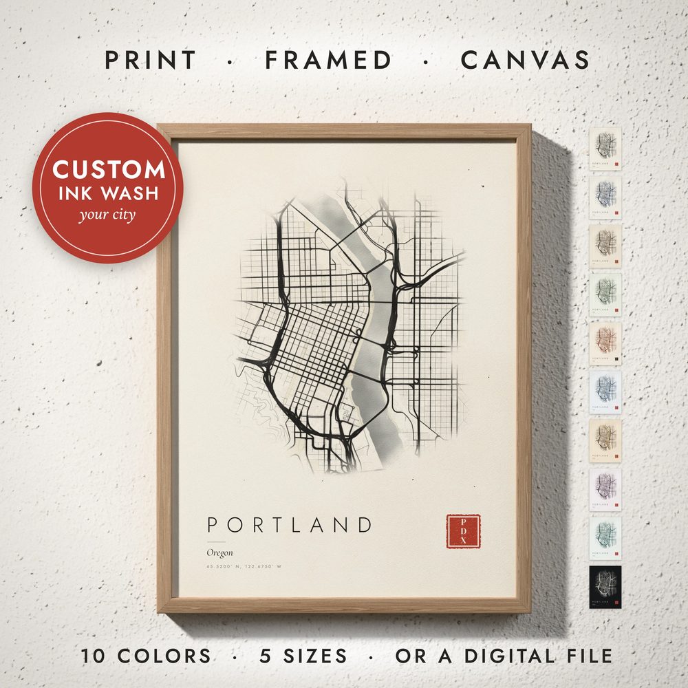 Ink Wash City Map: framed print on a wall