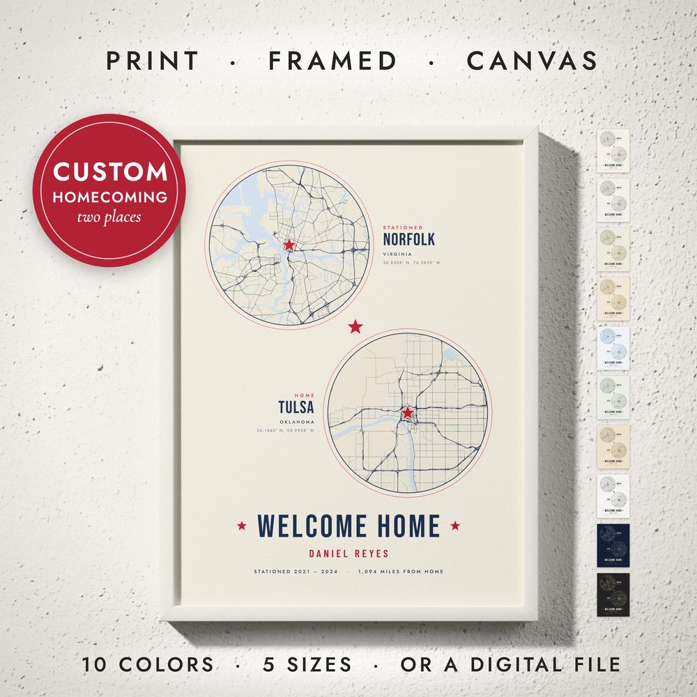 Military Homecoming Map: framed print on a wall