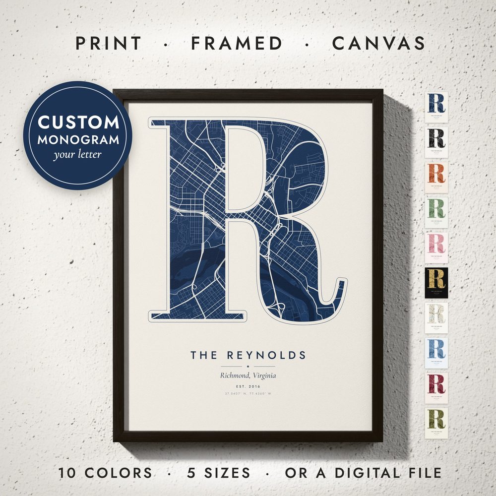 Monogram Map: framed print on a wall