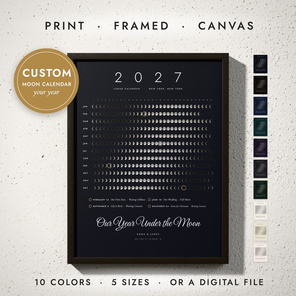 Moon Calendar Print: framed print on a wall