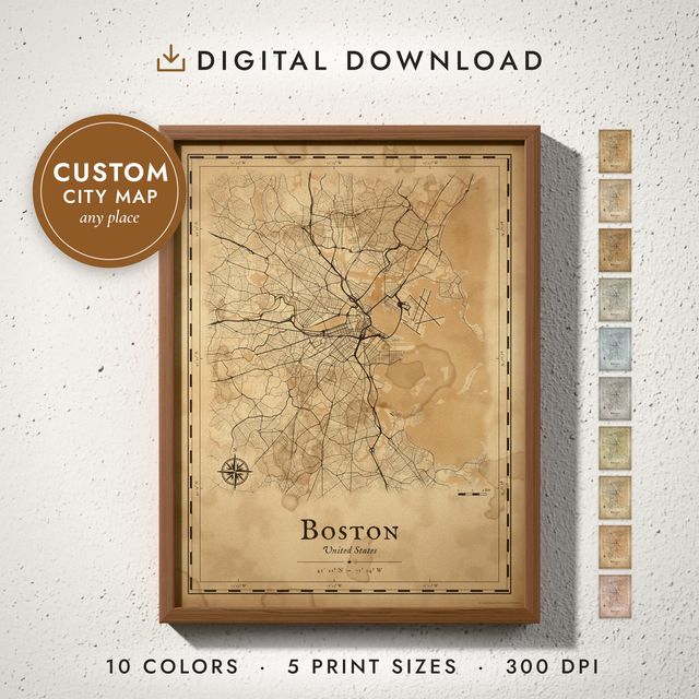 Old Parchment City Map: framed print on a wall