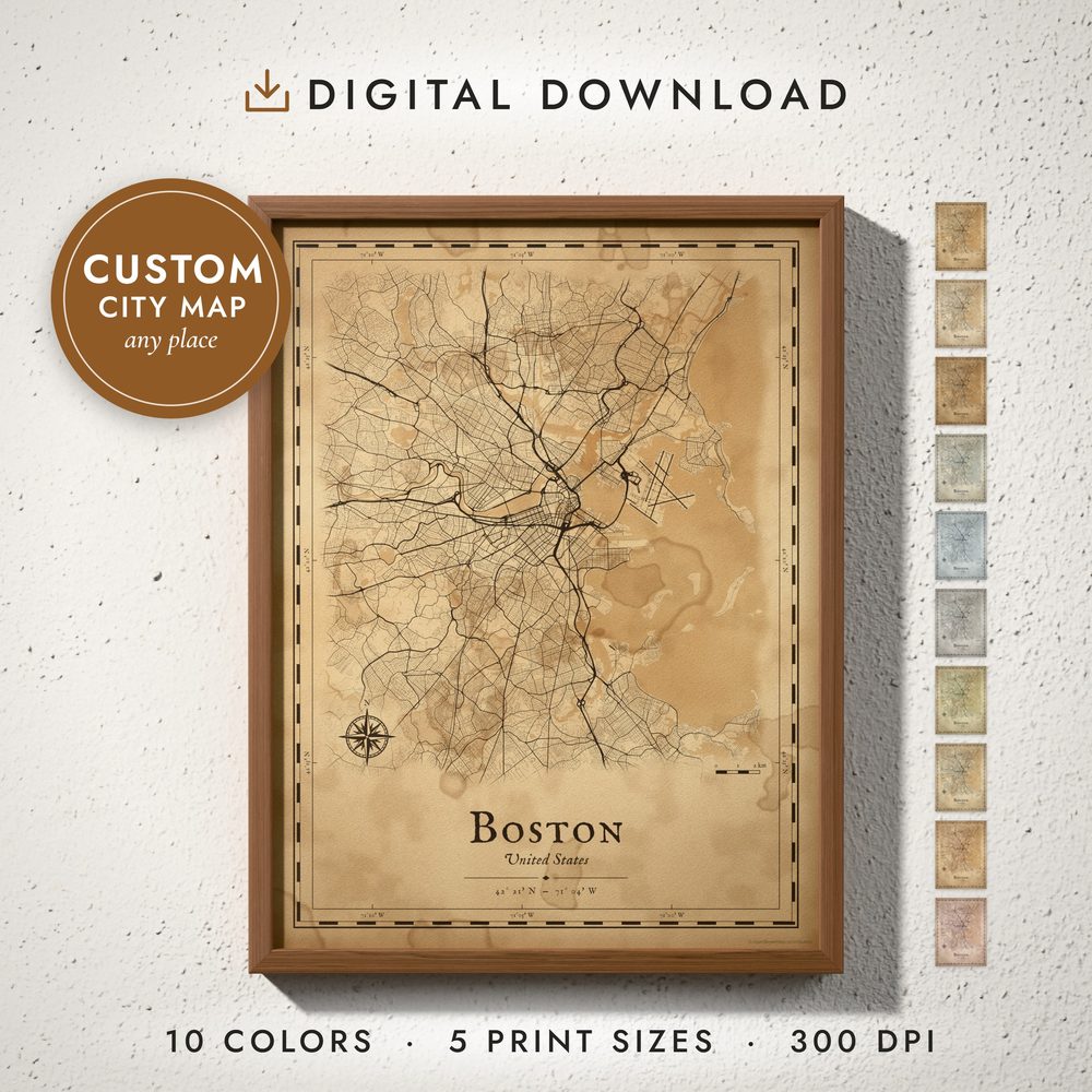 Old Parchment City Map: framed print on a wall
