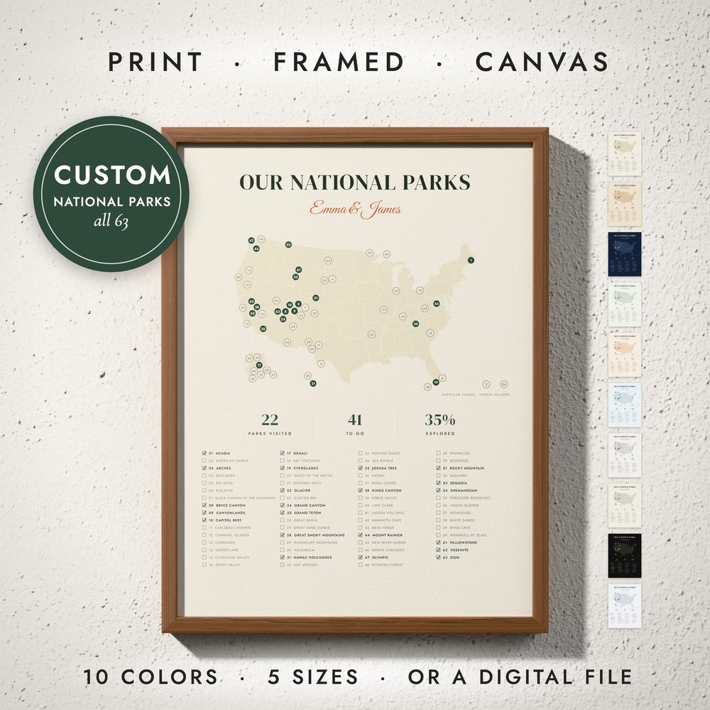 National Parks Map: framed print on a wall