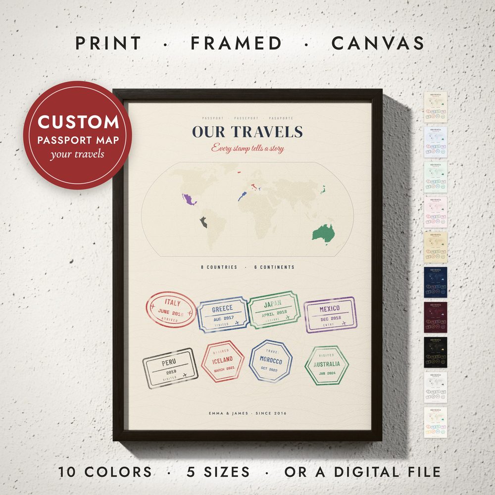Passport Stamp Map: framed print on a wall