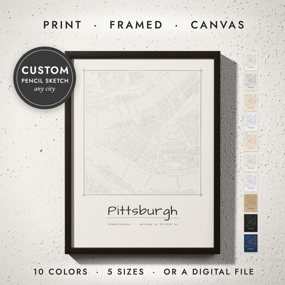 Pencil Sketch City Map: framed print on a wall