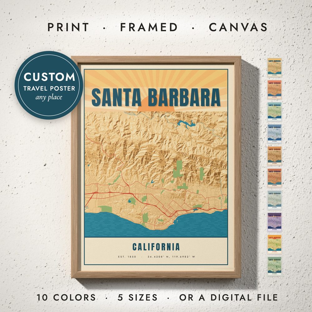 Vintage Travel Poster Map: framed print on a wall