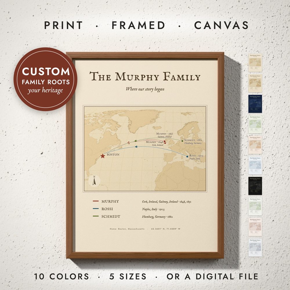Family Roots Map: framed print on a wall