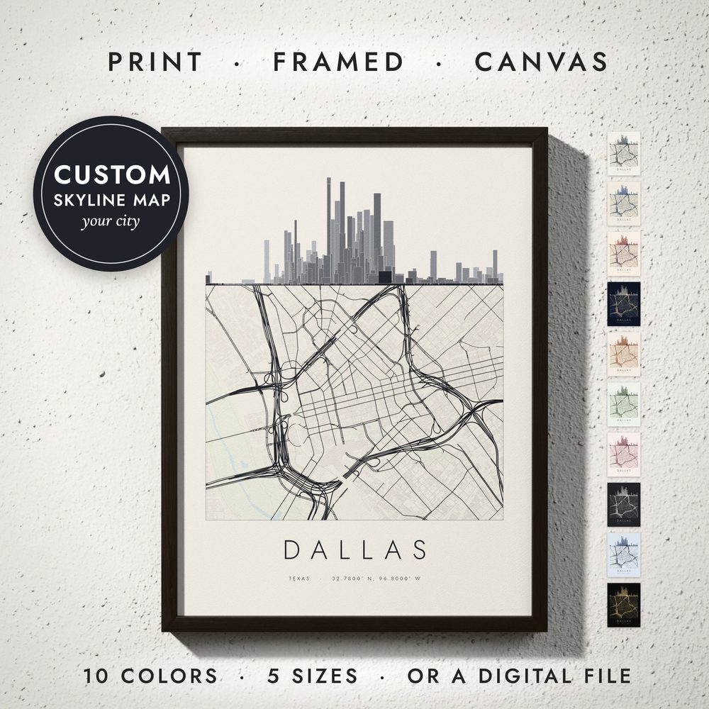 Skyline & Street Map: framed print on a wall