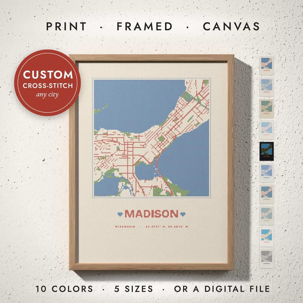 Cross-Stitch City Map: framed print on a wall