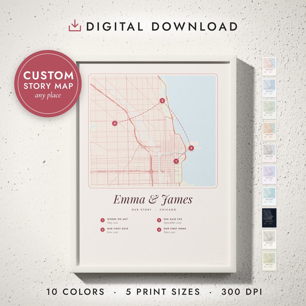 Our Story Map: framed print on a wall
