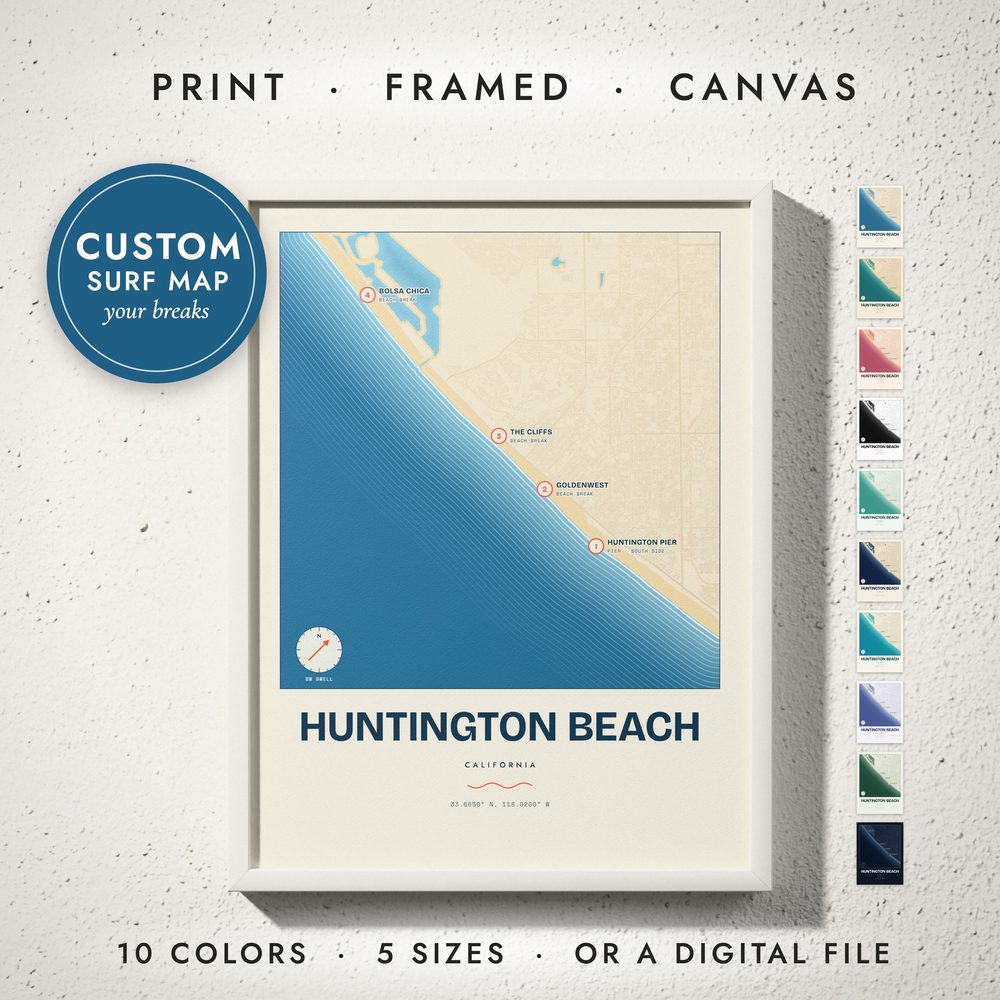 Surf Break Map: framed print on a wall