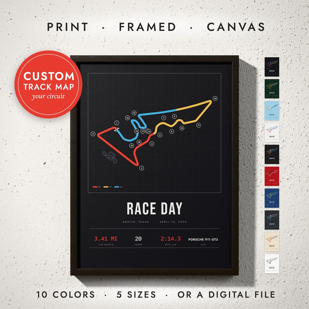 Race Track Map: framed print on a wall