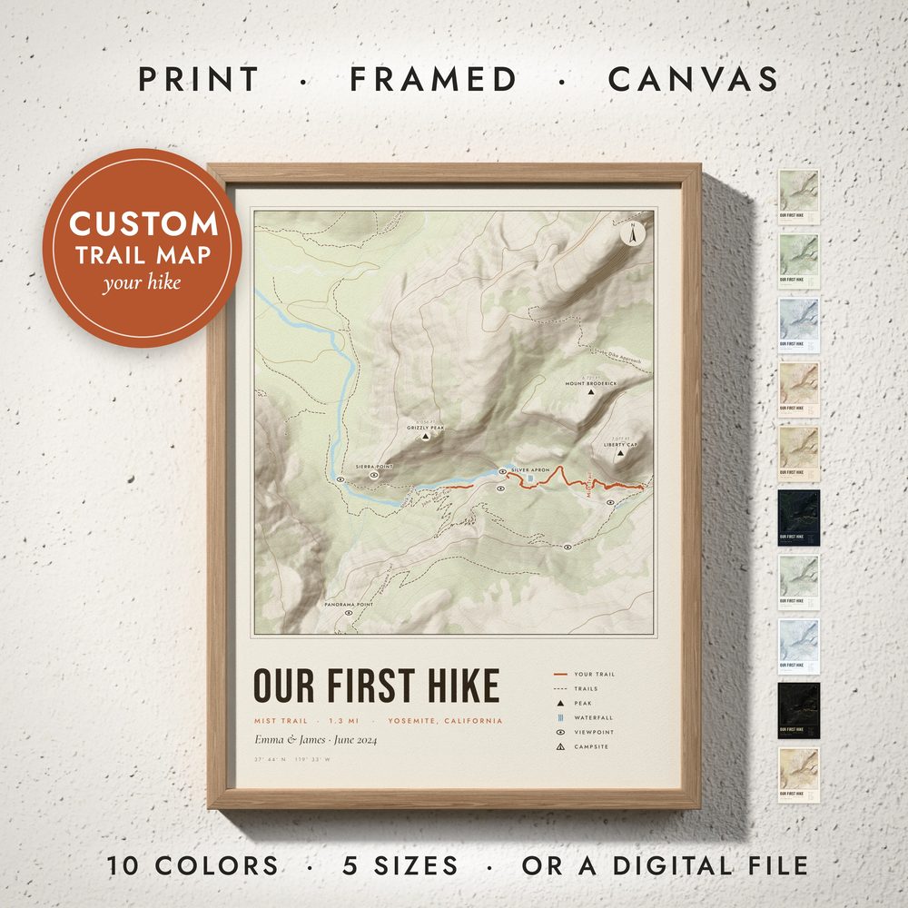 Hiking Trail Map: framed print on a wall