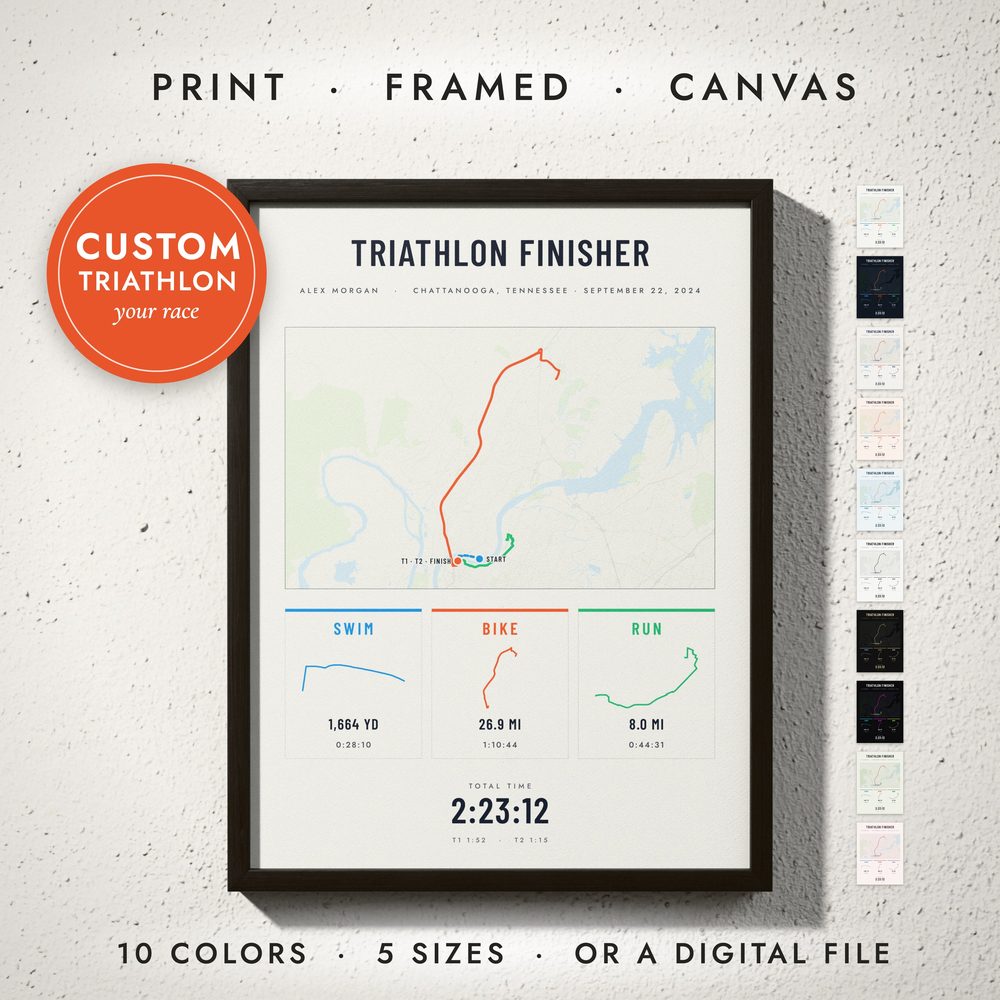 Triathlon Map: framed print on a wall