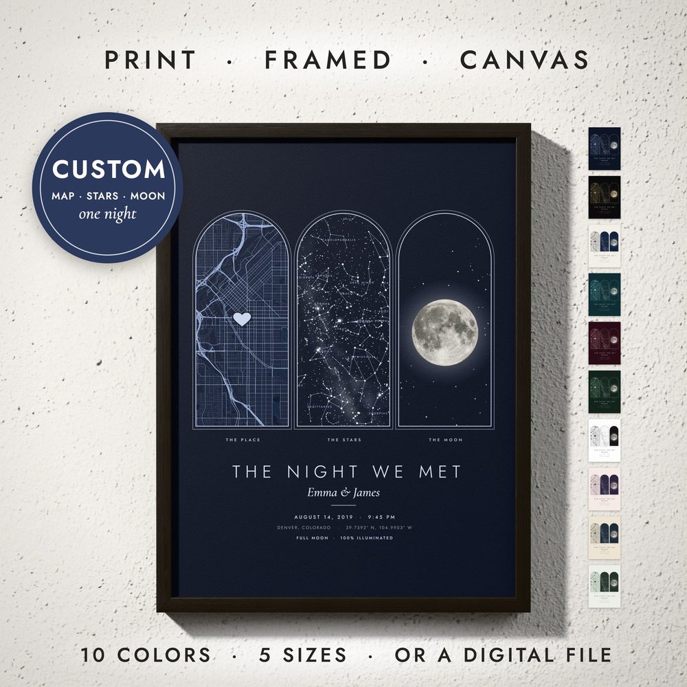 Map, Stars & Moon Set: framed print on a wall