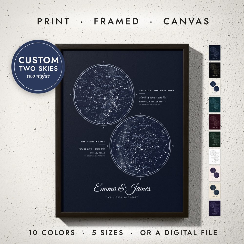 Two Skies Star Map: framed print on a wall