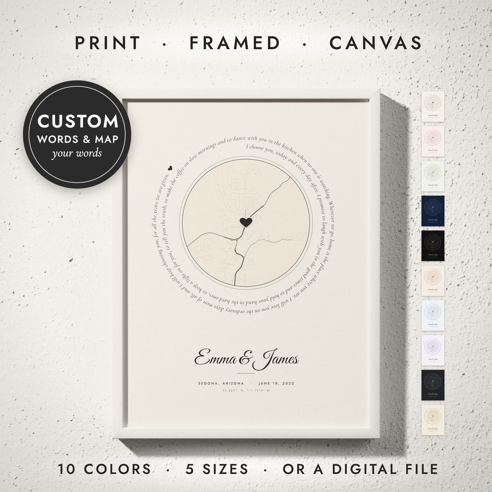 Words & Map Print: framed print on a wall
