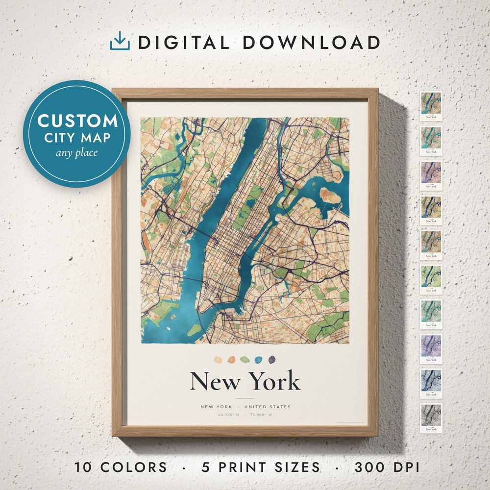 Watercolor City Map: framed print on a wall