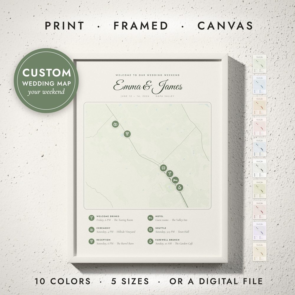 Wedding Weekend Map: framed print on a wall
