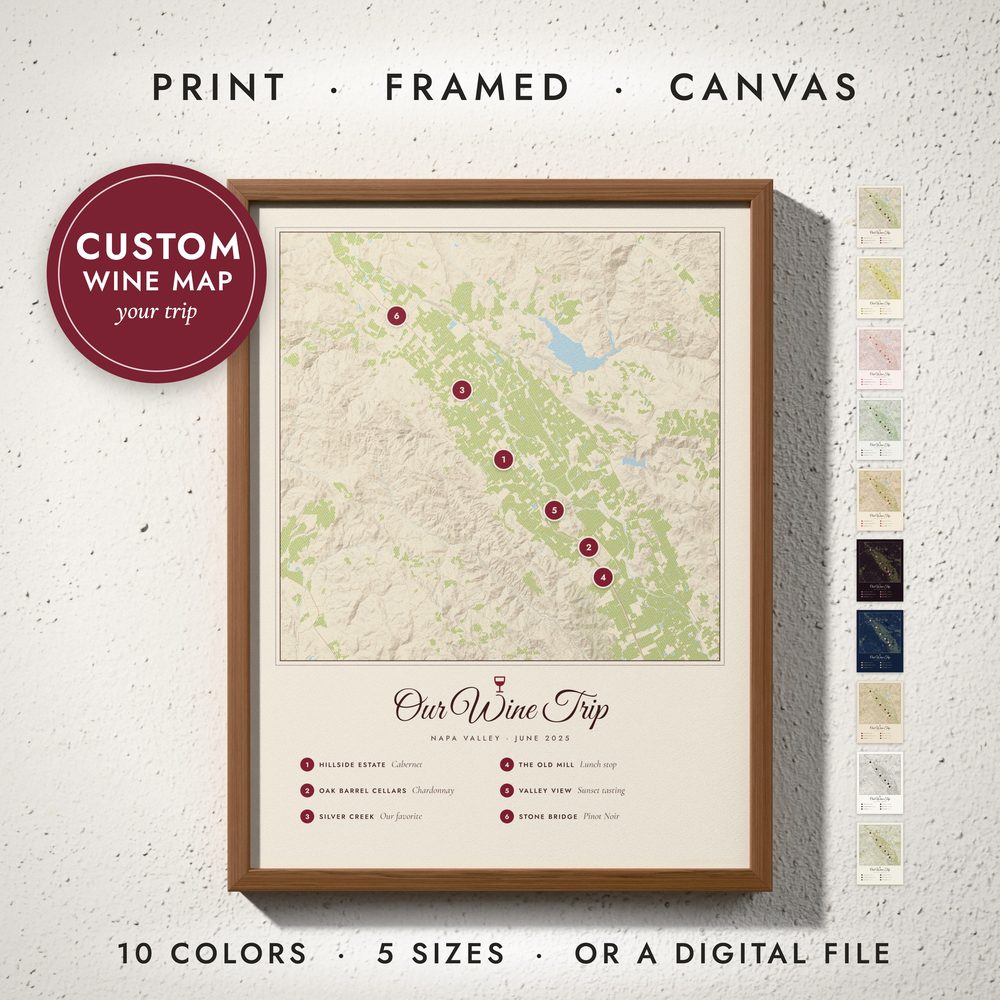 Wine Country Map: framed print on a wall