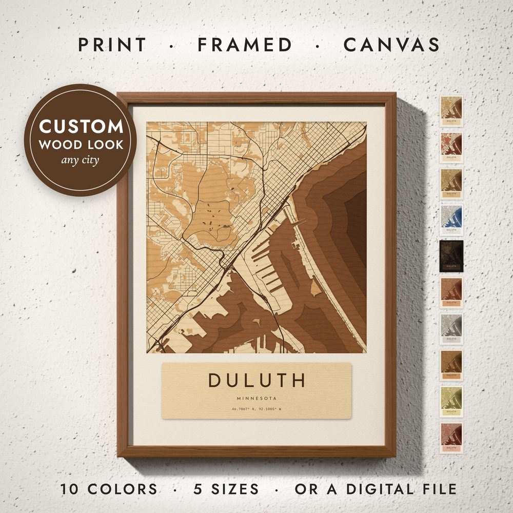 Wooden Layered City Map: framed print on a wall
