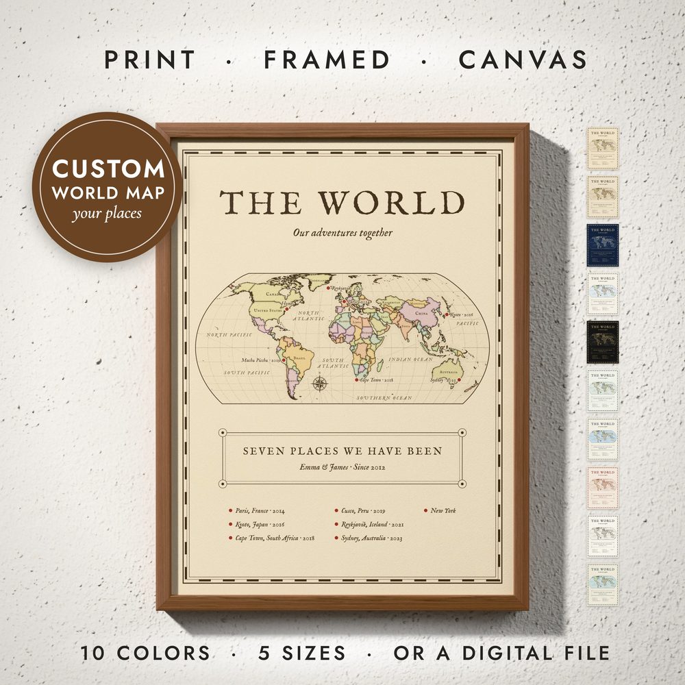 Antique World Map: framed print on a wall