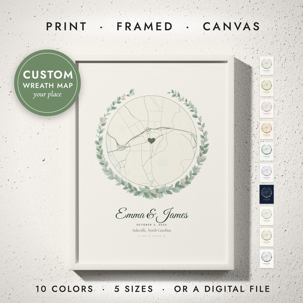 Botanical Wreath Map: framed print on a wall